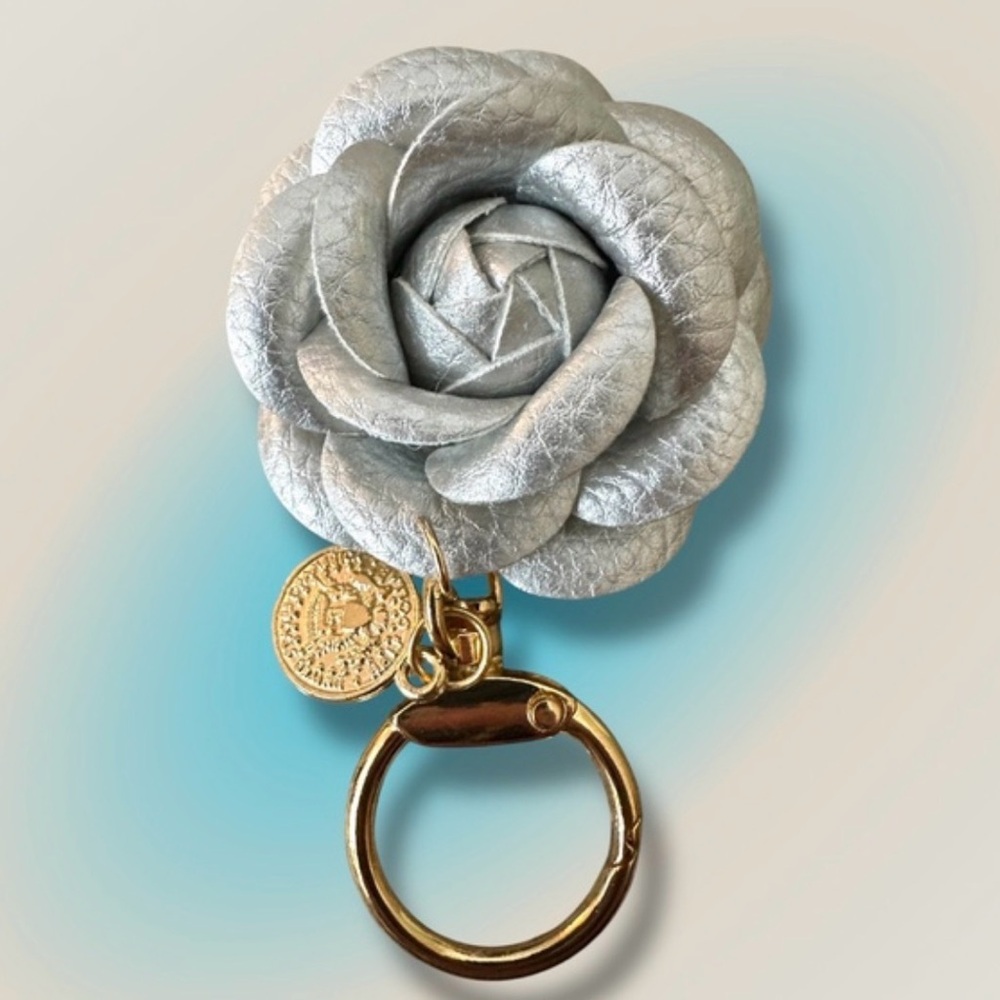 Silver‎ Leather Flower Key Ring with Gold Hardware